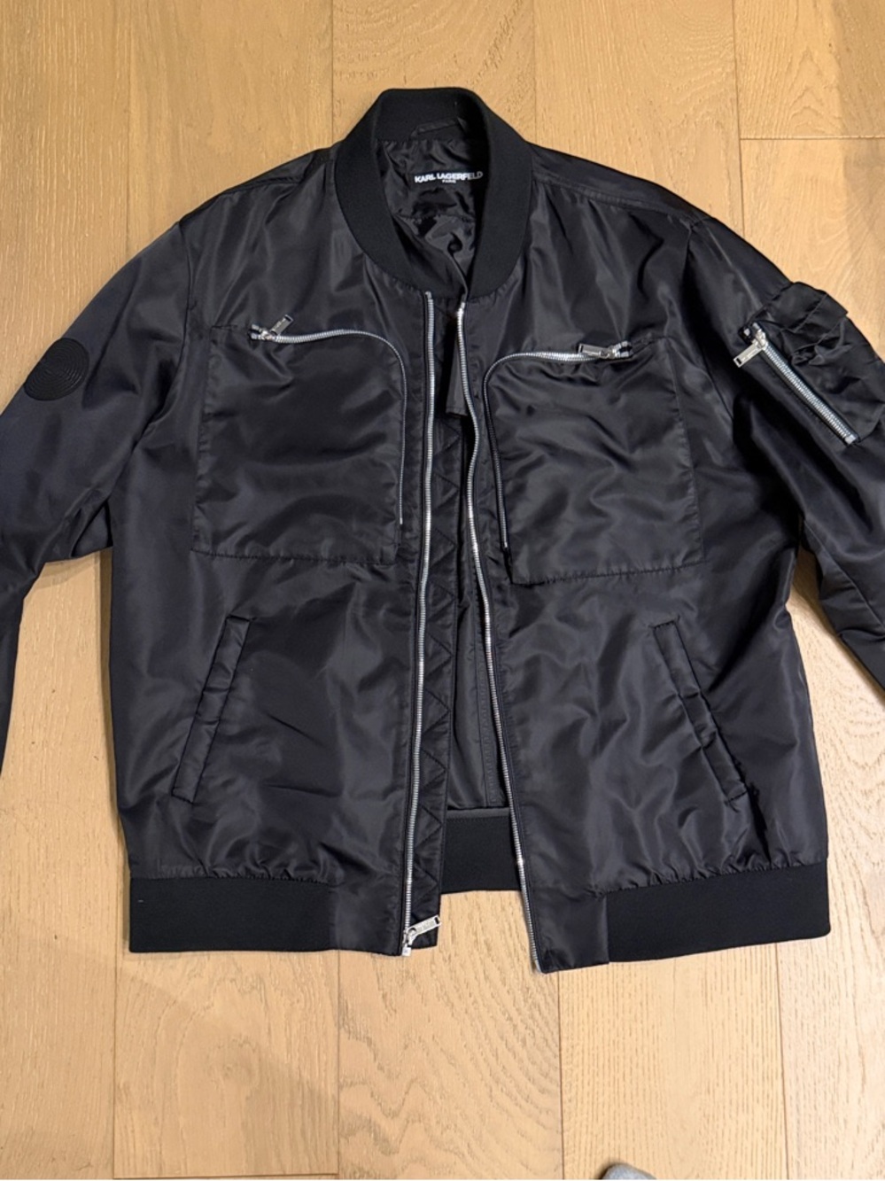 Karl Lagerfeld Black Utility Bomber Jacket with Zip Details